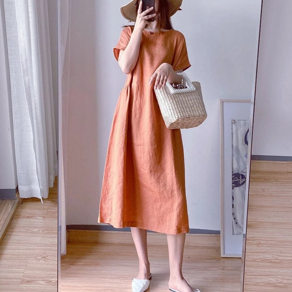 Summer cotton Dress Short Raglan Sleeves Dress Casual Loose Dress Tunics Cotton